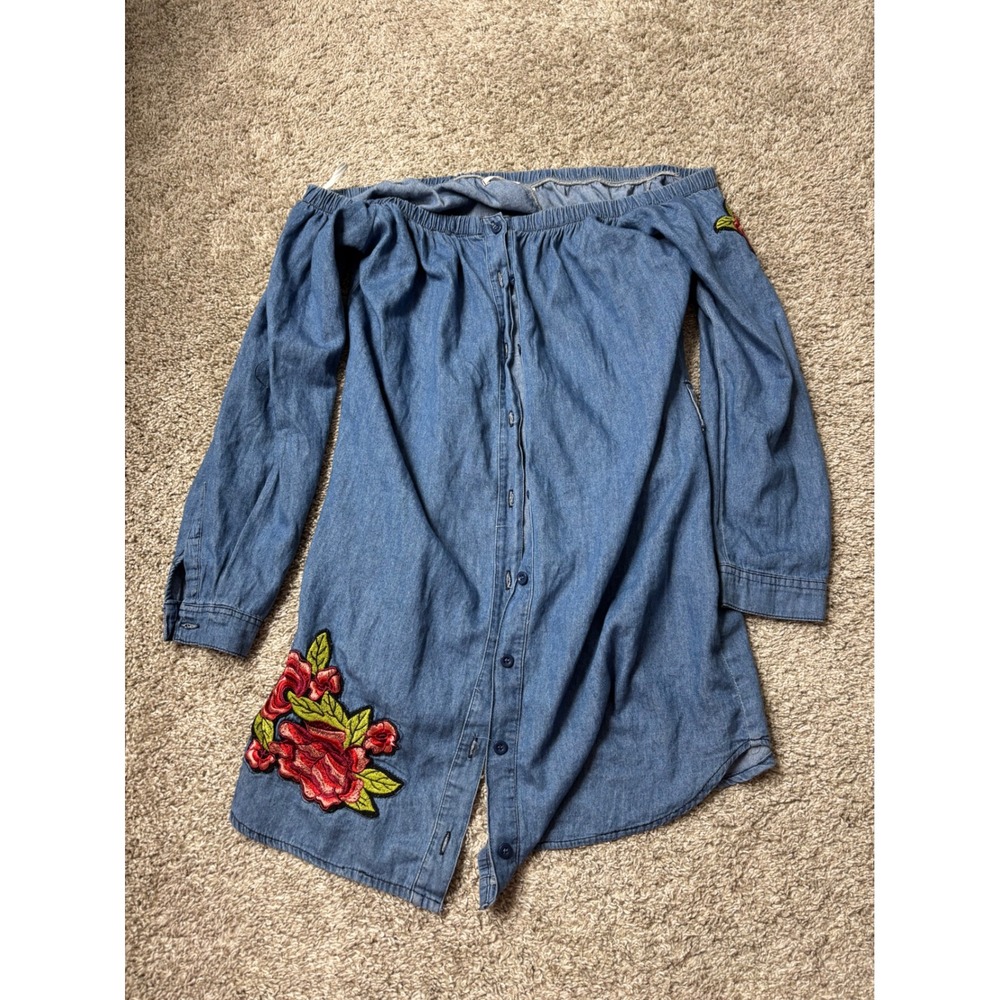 MXM J. Collection Blue Chambray Off Shoulder Floral Embroidered Tunic Top Small